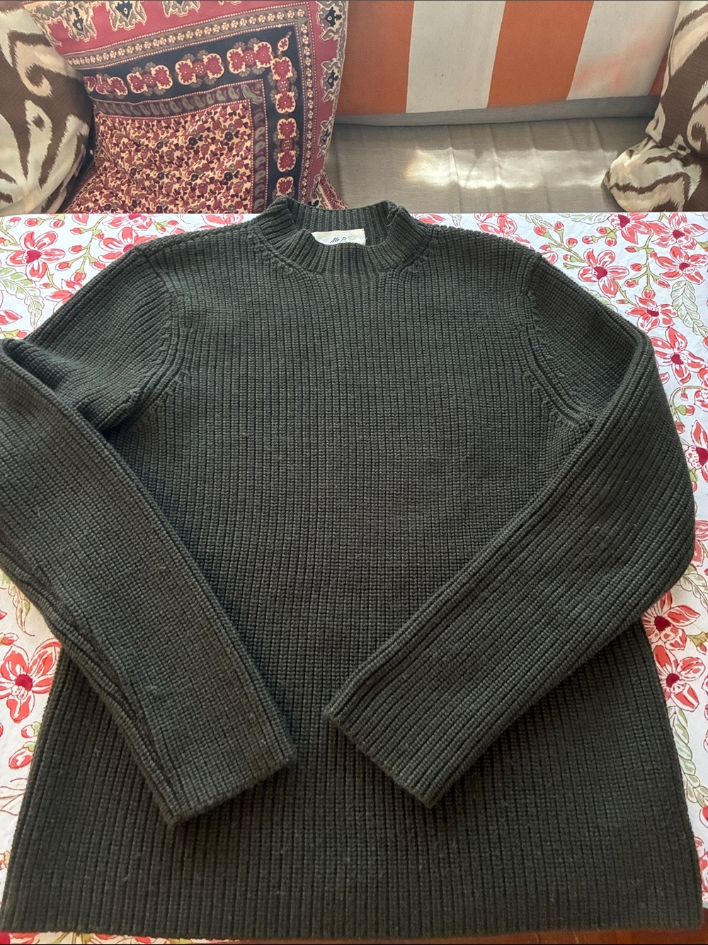 Mr. P Men's Crewneck Ribbed Knit extra fine merino wool Sweater khaki green
